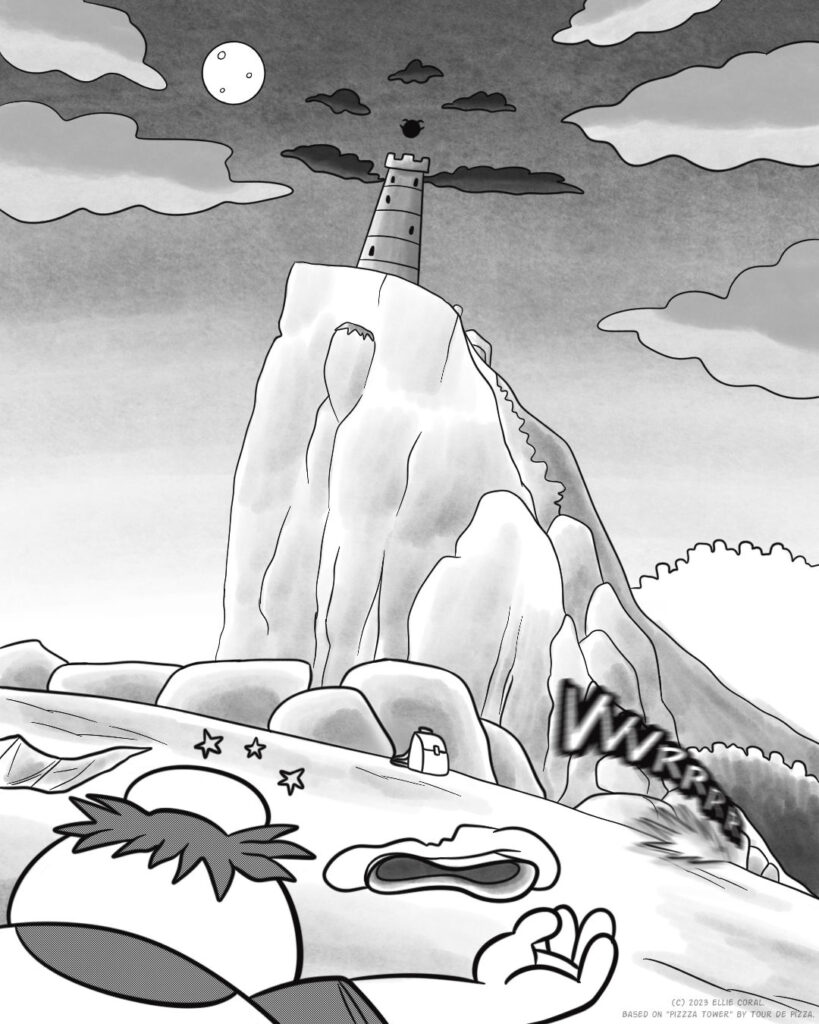 Panel 6 - A wide view of the cliff and the imposing Pizza Tower. The silhouette of Pizzaface hangs over the building with ominous black clouds near him. Closer to the viewer, Gustavo lies partially off-screen, dazed, with stars dancing over his face. His moustache is in disarray. His toque lies battered nearby. In the near distance, Peppino dashes off, leaving only a white burst effect and a sound effect. - FX: VVVRRRR