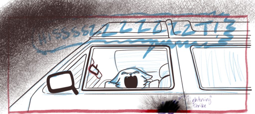 A blue and red sketch of a cat-like gremlin in a van. He is sitting on the driver's seat and hissing downward at the viewer. There are dark brown lines around the van and gremlin, and hatchmarks in the background to indicate shadow.
