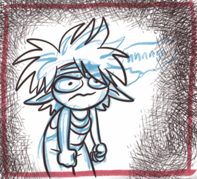 An ink drawing of Bitsy the brownie clenching her fists and groaning in frustration.