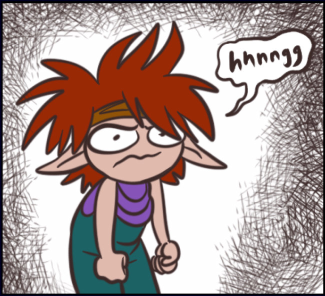 A colored panel of Bitsy the brownie hunched over and growling in frustration.