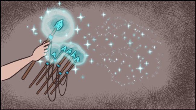 Bitsy's hand is in view as she holds up a wand. Several wands, connected together via a wire, glow in unison. Magic sparks hover in the air.