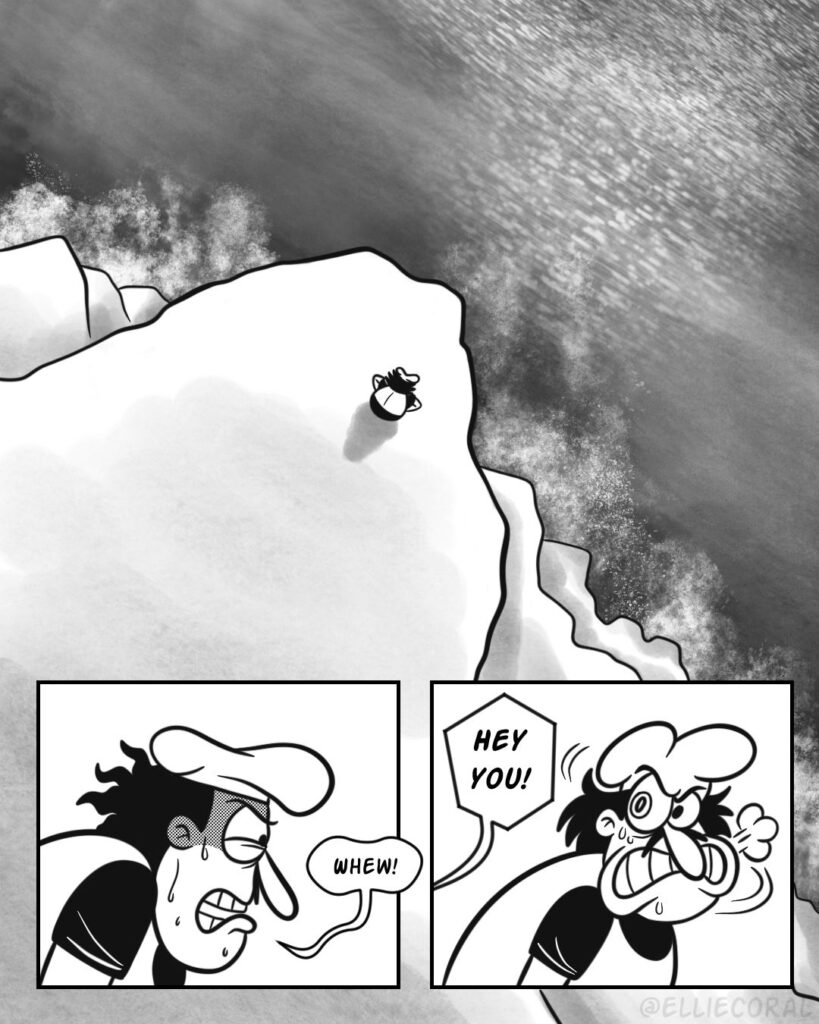 Panel 1 - A downward view of Peppino. He appears hunched over, hands on his knees. We see more his back than any other part of him. He stands on a cliff. Far below, the sea crashes against the rocks, creating white foam. - Panel 2 - Peppino catches his breath as beads of sweat dribble down his cheek. - Peppino: Whew! - Panel 3 - He whips his head to the side, starting to get a look at whoever is yelling at him. He's positively angry. A small cloud near his mouth indicates a snorting action. - Gustavo: (off-screen) HEY YOU!