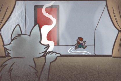 The catlike gremlin stares through the back window of the van at Bitsy the brownie as she turns to run up the stairs. Some smoke rises from the rear bumper.