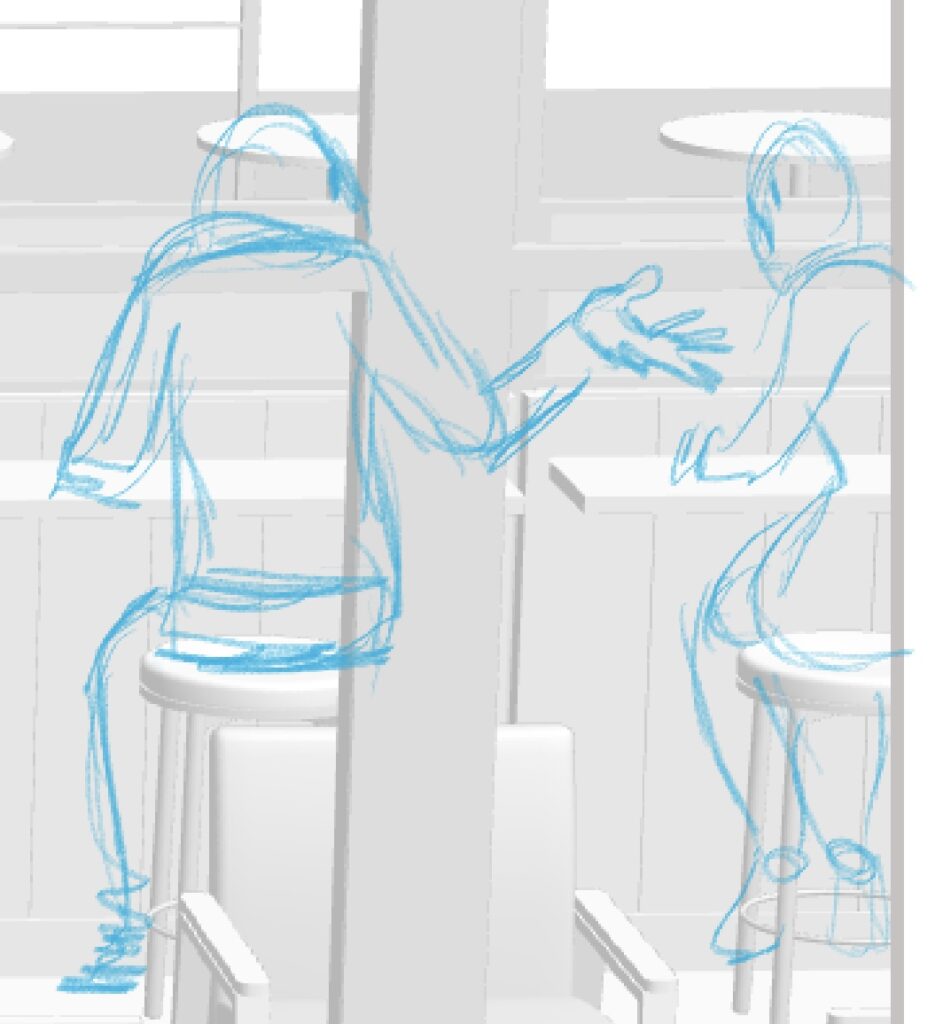 Two rough figures done in blue pencil over a 3D model of a coffee house.