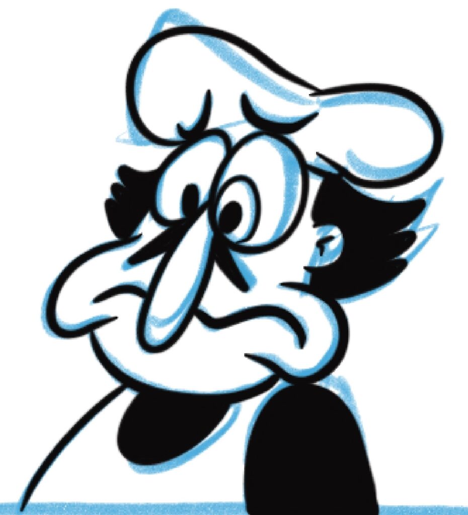 An ink drawing on top of a blue drawing of a nervous Peppino Spaghetti.