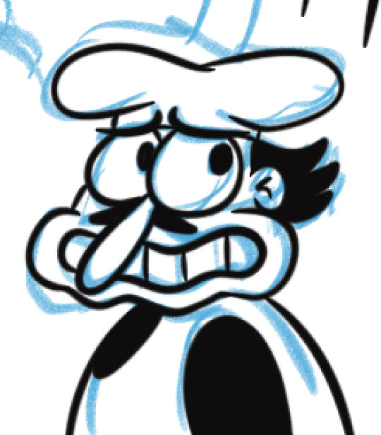 An ink drawing of Peppino Spaghetti done over blue sketch lines. He looks embarrassed about something as he looks away.