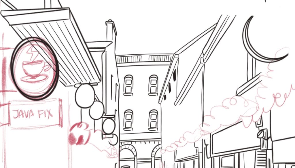 An ink drawing over red pencil lines that show a narrow street somewhere in Cork.