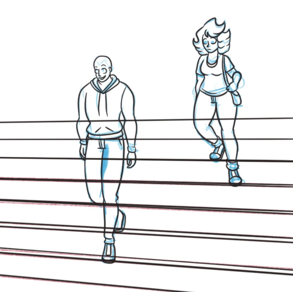 An ink drawing of Darien and Cat walking down stairs.