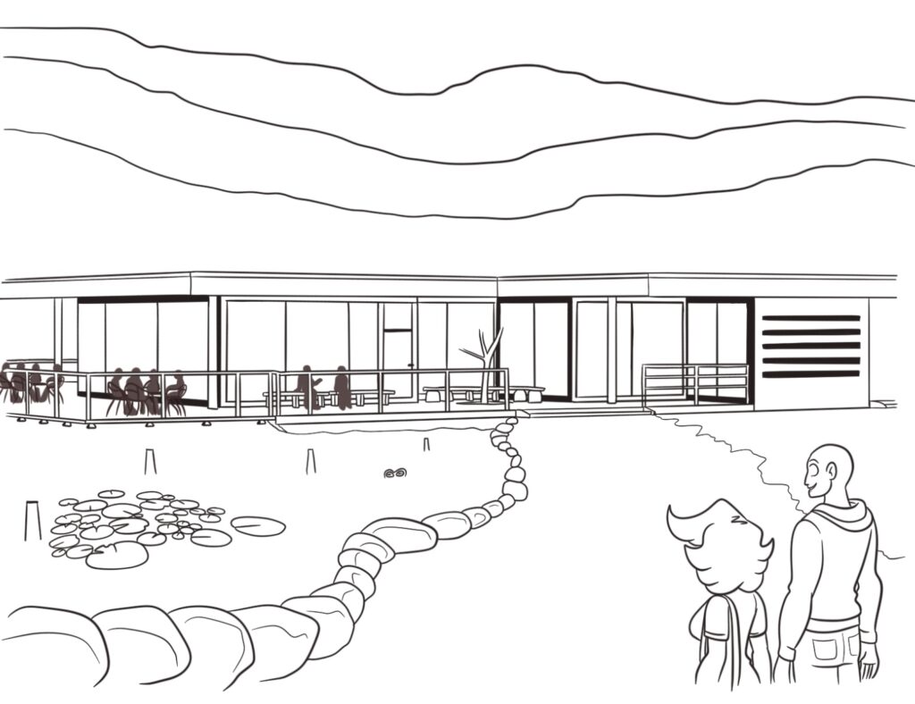 An ink drawing of a glass building against a cliffside. People sit on the terrace. A pond with lilies stands on the front. Cat and Darien face the whole scene, with Darien looking at Cat.