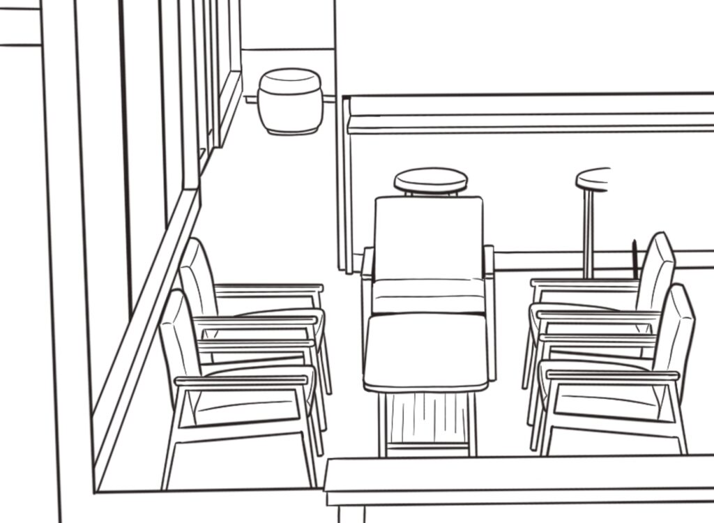 An ink drawing of a set of lounging chairs and table in a corner of a coffee house.