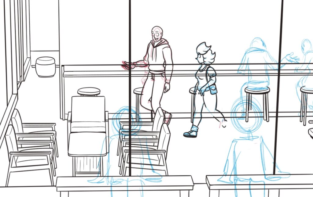 The coffee house inks have a wall counter, bar stools, a lounging set, and Darien and Cat walking towards some chairs.