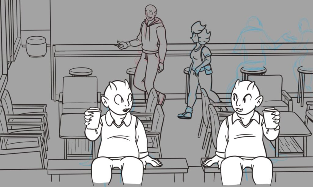 Two kobolds sit on benches outside the coffee house. Inside, Darien and Cat are walking toward a sitting area with chairs and a table.
