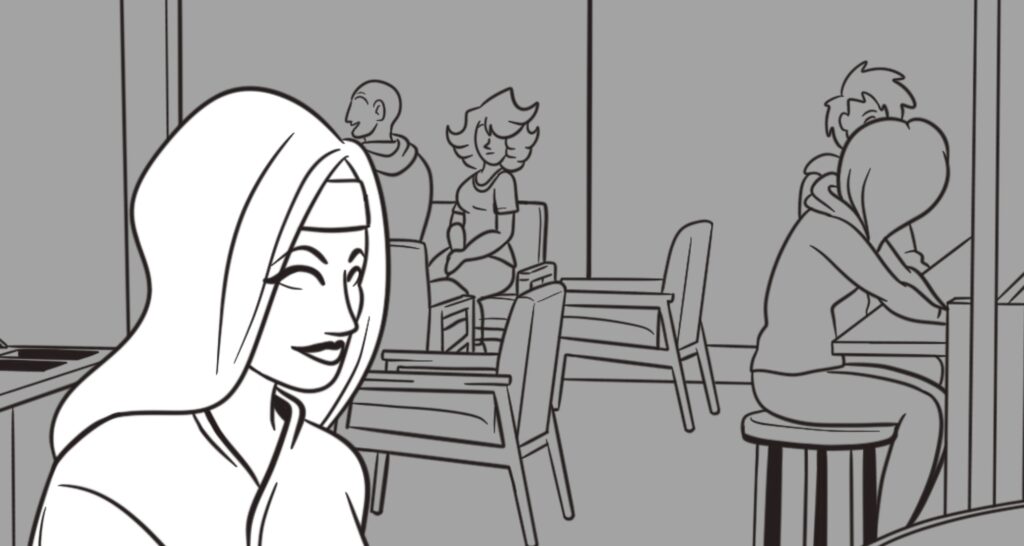 A woman stands in the foreground, reaching for a cup of coffee on a checkout counter. In the background, Darien looks over his shoulder and Cat looks around him at the woman. Two other people sit at a counter, lost in their own conversation.