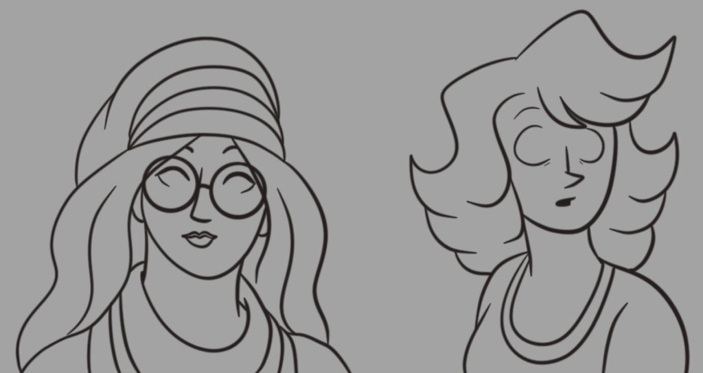 An ink drawing of a woman in a hipster beanie hat, glasses, and scarf, and Cat looking off to the side. The drawings are arranged in a way that to be placed in two separate panels.