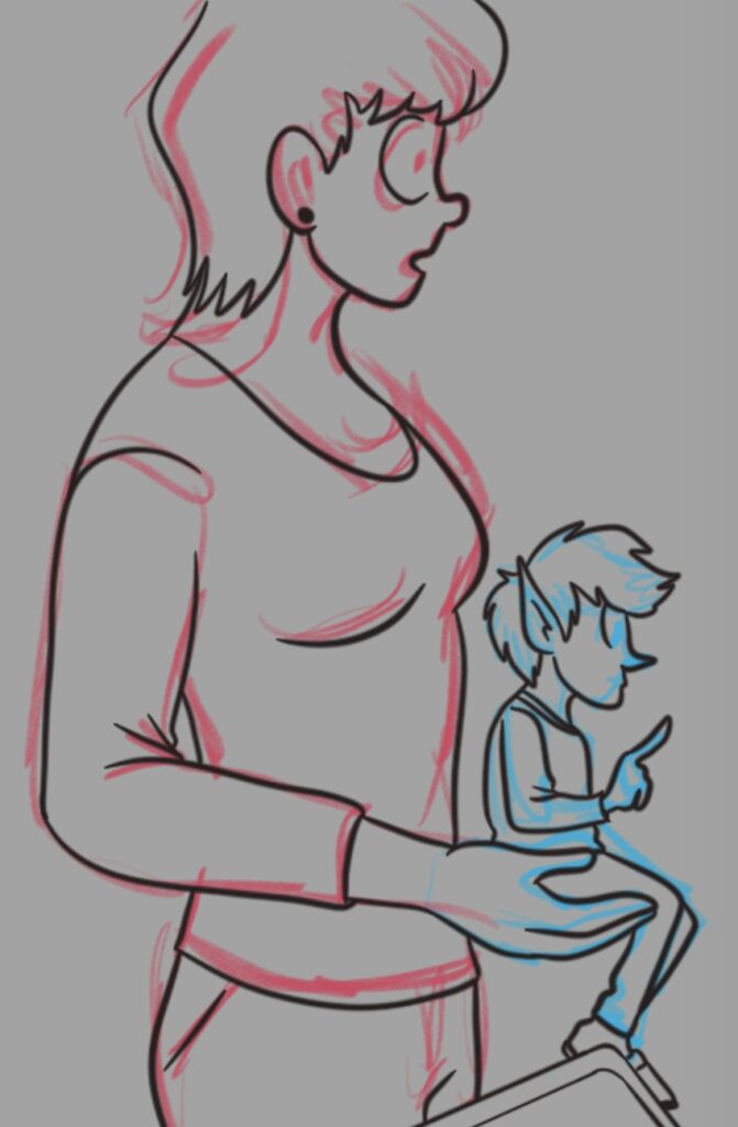 An ink drawing of a woman holding a leprechaun in her hand. They appear to be looking at something off screen.