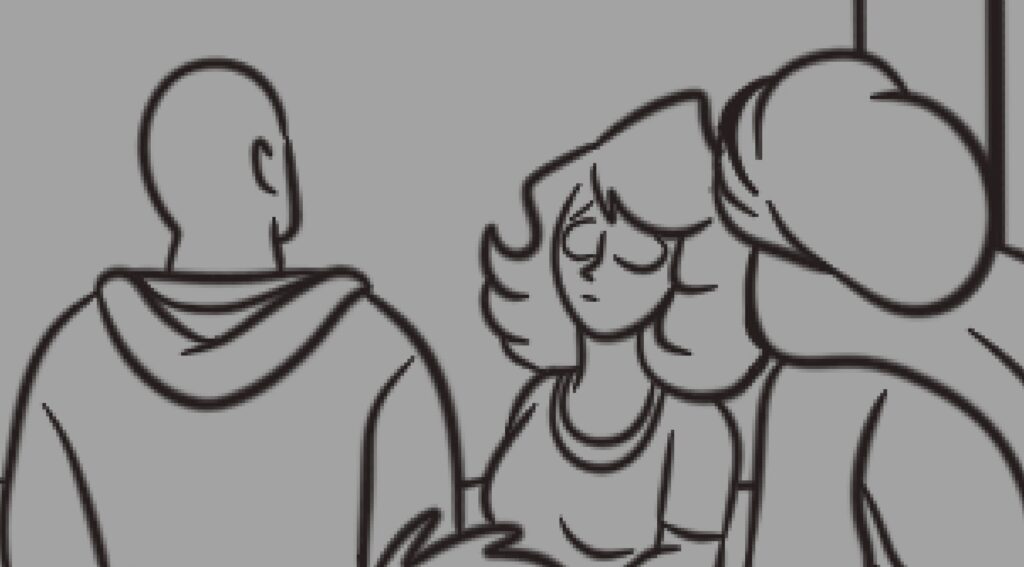 An ink drawing of the back of Darien, the front of Cat, and the side of a goddess as they sit in chairs.