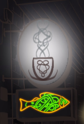 A lit sign shows a stylized coffee cup with steam done in a lazy Celtic knot style. Below that is a yellow and green salmon done in a loose Celtic style fashion.