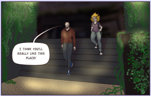 A colored panel of Darien and Cat walking down a set of stone stairs. Vines cover the walls on either side. Darien says, 'I think