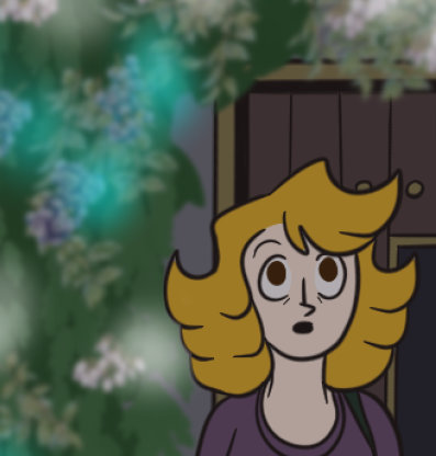 Cat Modean stares up in wonder at something ahead. Behind her is a wall covered in glowing berries, flowers, and vines.