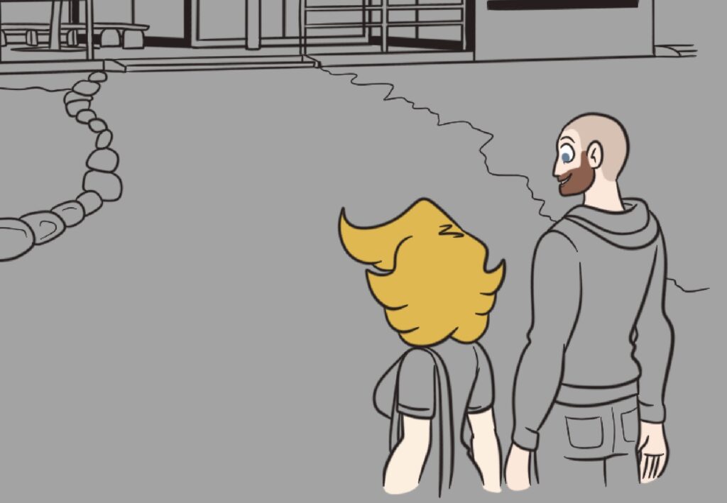 An inked drawing of Cat and Darien facing the front of a coffeehouse. The scene is mostly grey, with Cat and Darien's skin and hair colored in.