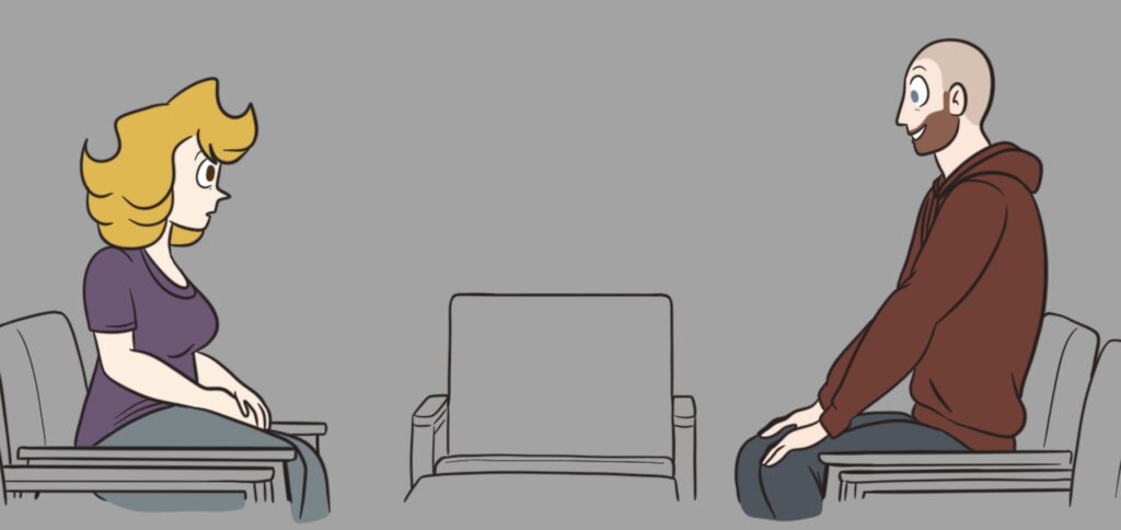 Cat and Darien sit across from each other in chairs. They're colored in but the background is still grey.