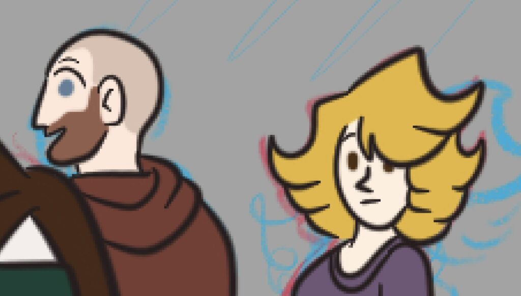 Colored versions of Darien looking over his shoulder and Cat looking past him against a grey background.