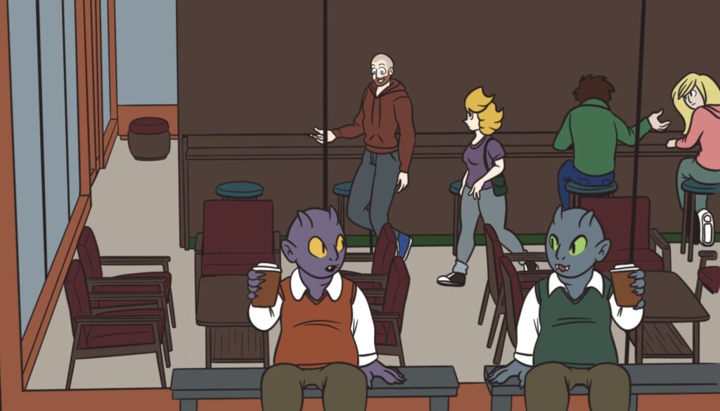 A mostly colored panel of Darien and Cat walking through the coffeehouse to a set of chairs and table. Outside the floor-to-ceiling window, a pair of kobolds, colored purple and dusty teal, sit on benches and drink coffee.