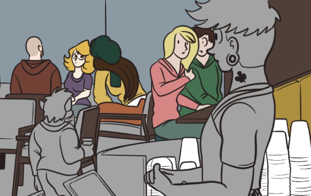 In the background, Cat looks worriedly at a goddess who is seated near her. Darien is seated across from Cat, his back to the viewer. In the foreground, people around the coffeehouse stop to look in Cat's direction. Some of them are colored in; others aren't.