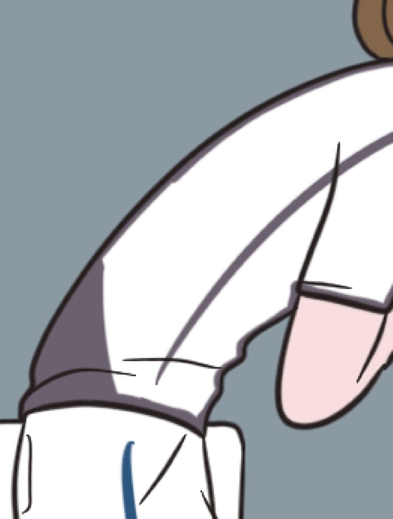 A partially colored sample of a person bending over in profile, with the focus on their torso.