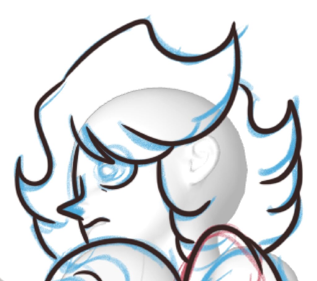 An inked drawing over blue sketch lines which are over a 3D model; it shows Cat looking quite nervous and hunching a shoulder. She appears to be hanging on to something--or someone.