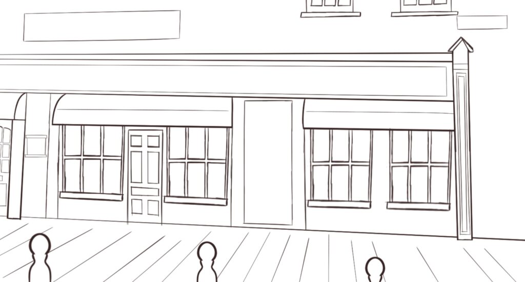 An ink drawing of an Irish restaurant, with a narrow doorway, awnings, and sash windows.