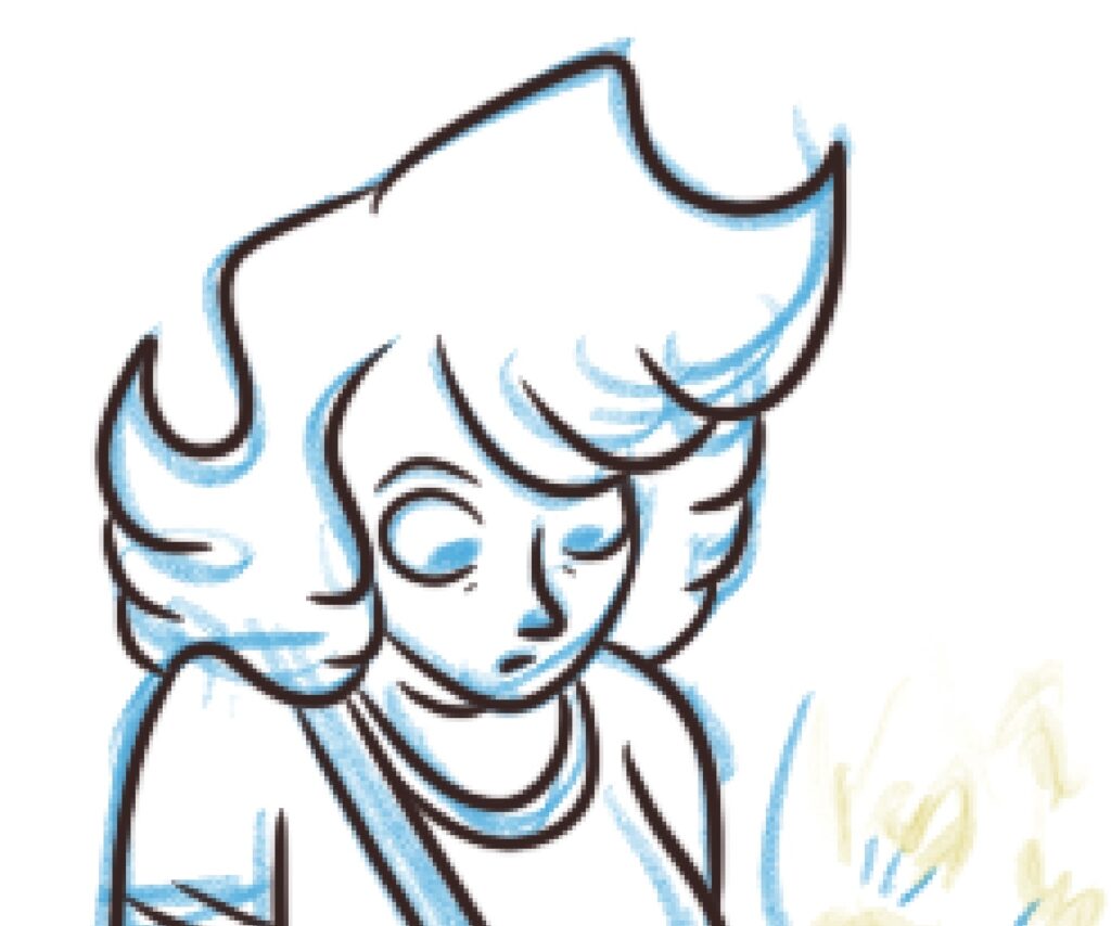 An inked sketch of Cat Modean looking down at her purse as she adjusts it off-screen.