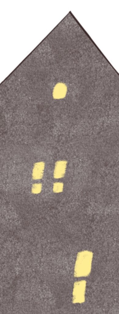 An illustration done in a simple brown marker wash with three glowing yellow windows.
