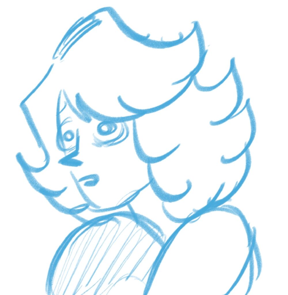 A blue pencil sketch of Cat Modean looking frightened and a bit spaced out.