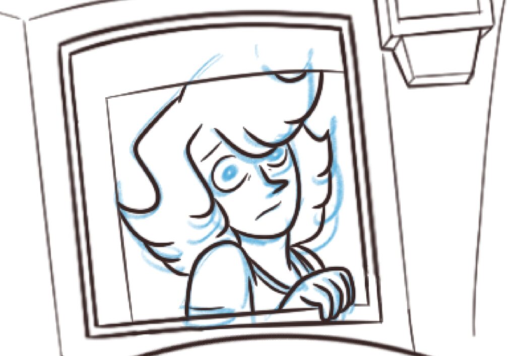 An inked drawing of a concerned Cat Modean peering out of a carriage window.