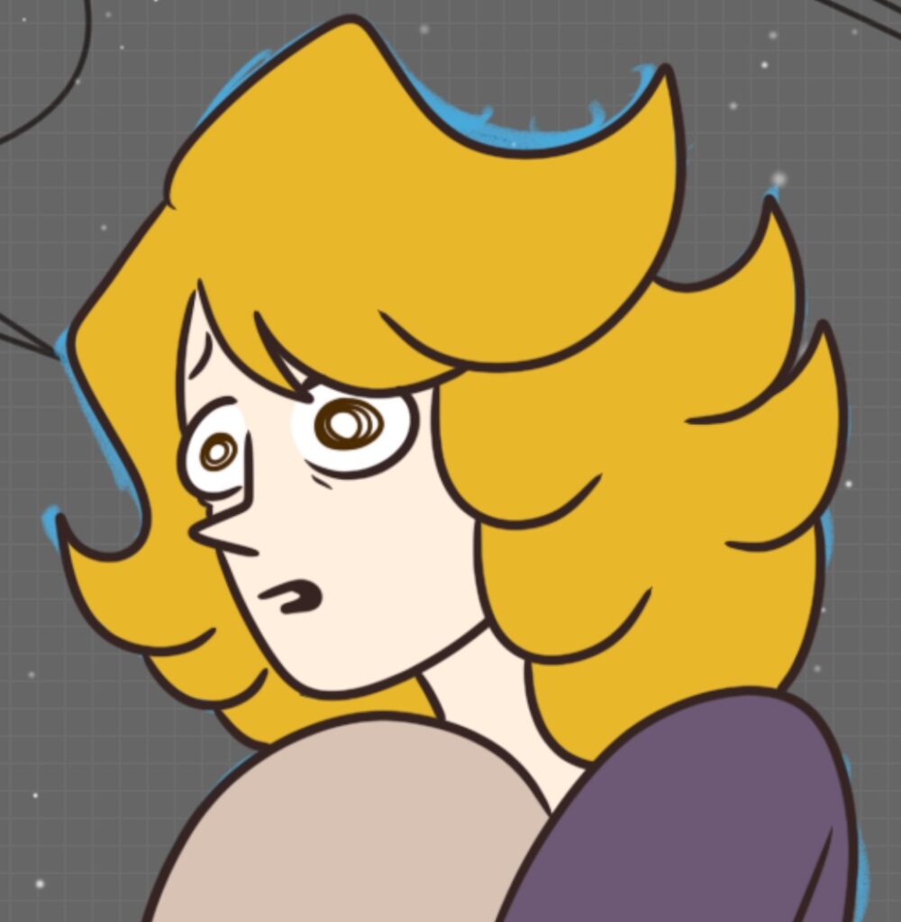 A colored version of Cat Modean, with her blond hair, purple shirt, and nervous brown eyes. Darien's head is just out of panel; Cat appears to be riding on his back.