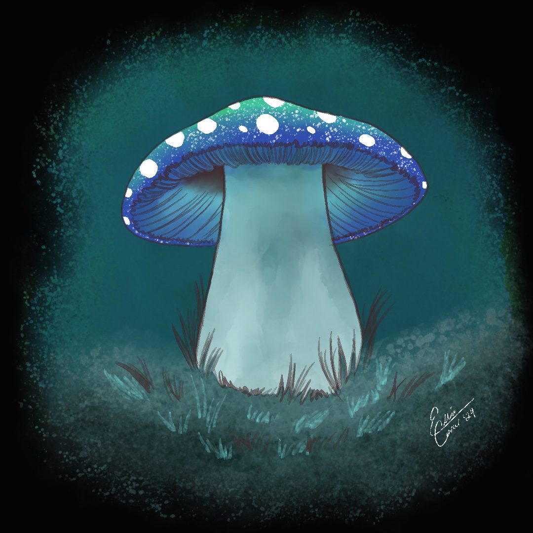 A stylized drawing of the Vinesauce mushroom, done in digital watercolors and washes. The cap is done in a teal and blue gradient and covered in white speckles.