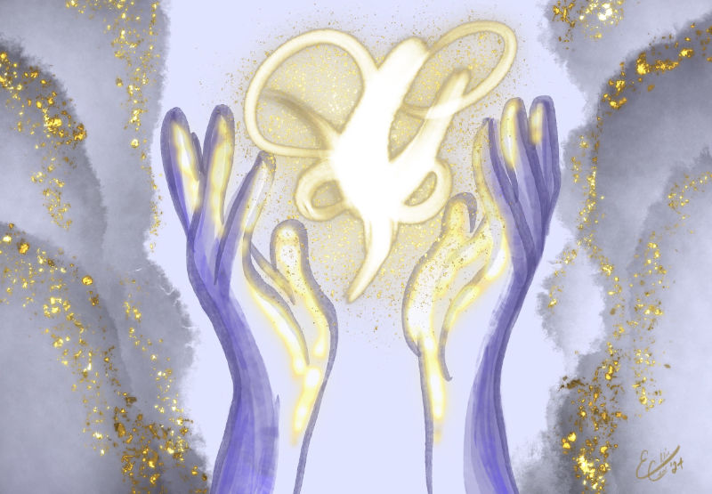 A pair of hands shaded in purple rise from a background of grey clouds with gold glitter. The hands behold a golden symbol floating in the air.