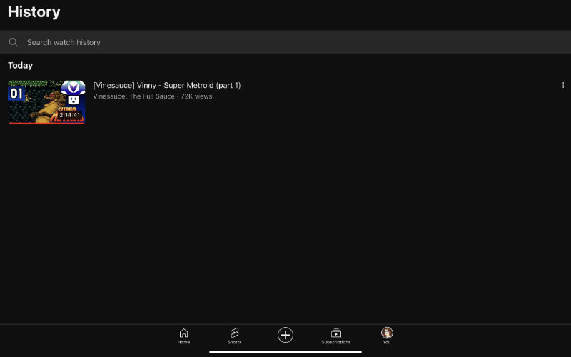 A screenshot featuring YouTube watch history. The only video is Vinny's video of Super Metroid - Part 1. The rest of the screen is vast, empty blackness with the menu buttons at the far bottom.