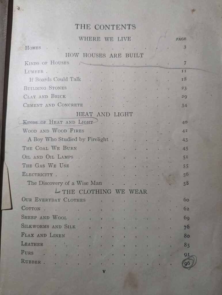 The table of contents, including various chapters such as How Houses Are Built, Heat and Light, The Clothing We Wear...