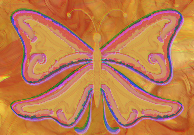 A yellow psychedelic butterfly with magenta and blue accents edging its wings, with a trippy orange and yellow background.