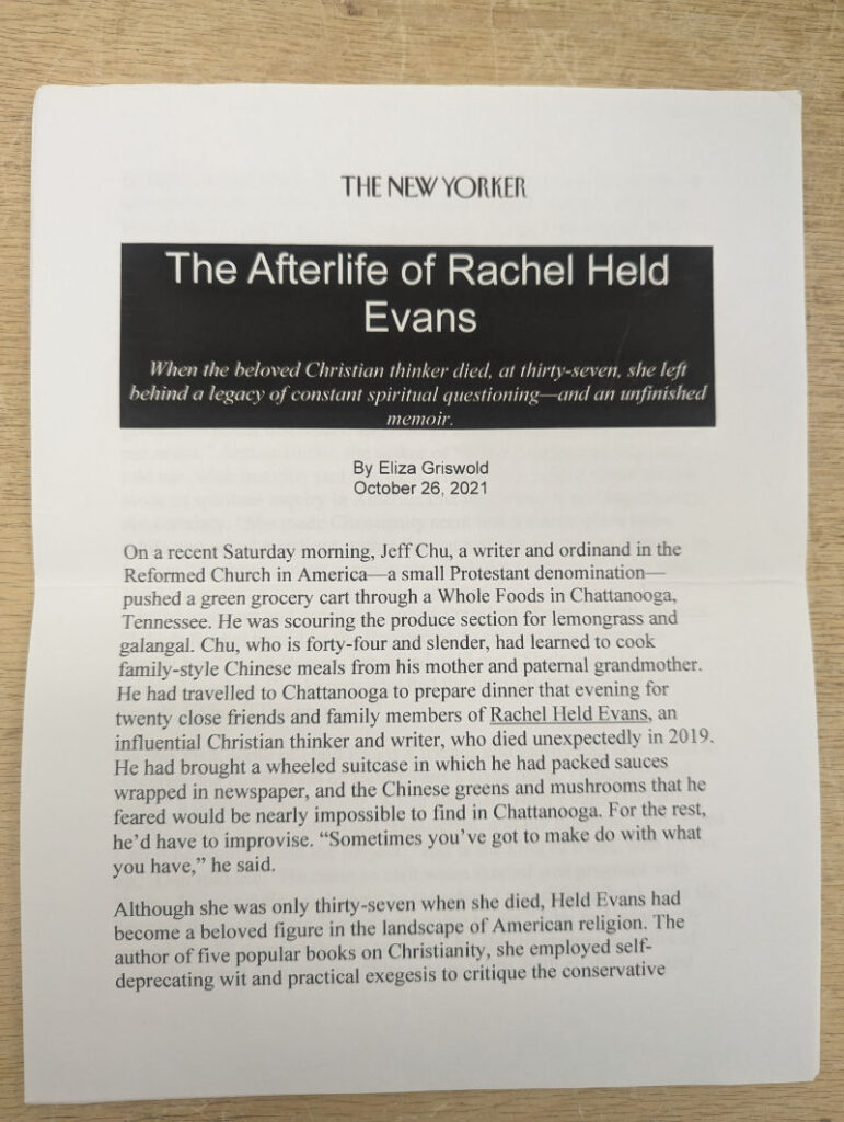 A printout of The New Yorker article The Afterlife of Rachel Held Evans.