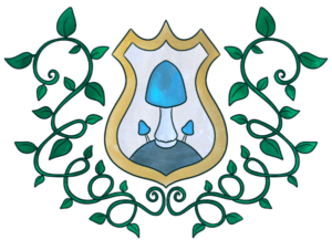 Stylized divider featuring a shield with three teal mushrooms as the design, with a curling vine on either side.