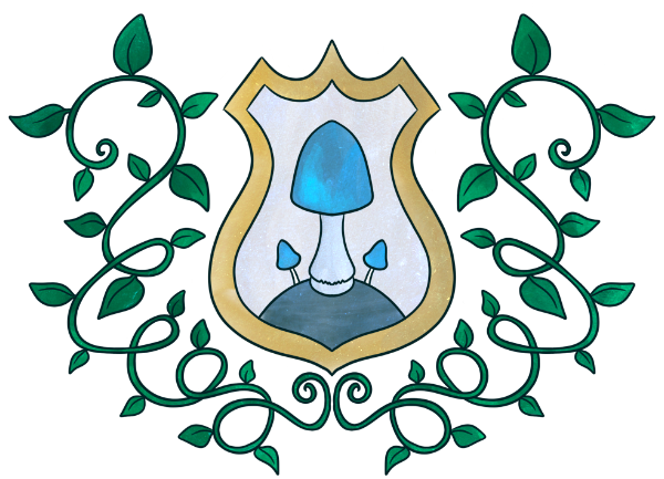 Stylized divider featuring a shield with three teal mushrooms as the design, with a curling vine on either side.