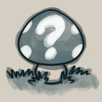 A small teal mushroom with a question mark on its cap.