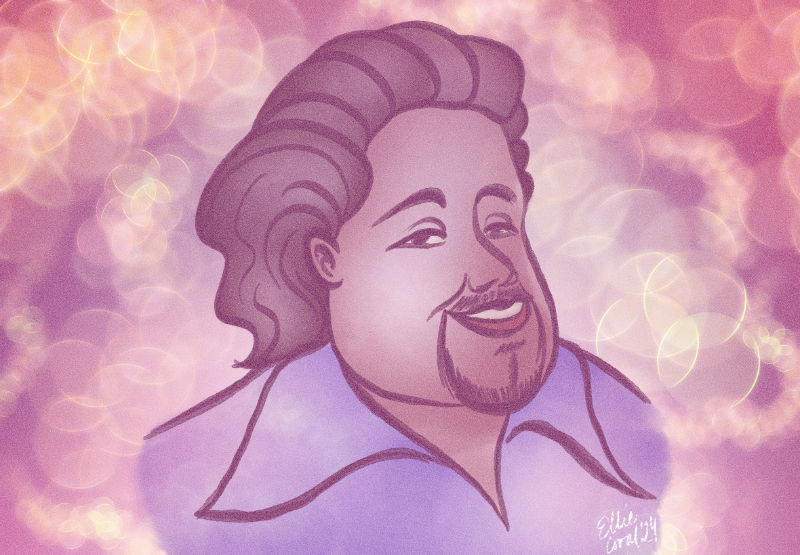 A stylized drawing of Barry White, seeming to glow from a see of pinks and lavender mist speckled with golden bokeh lights.