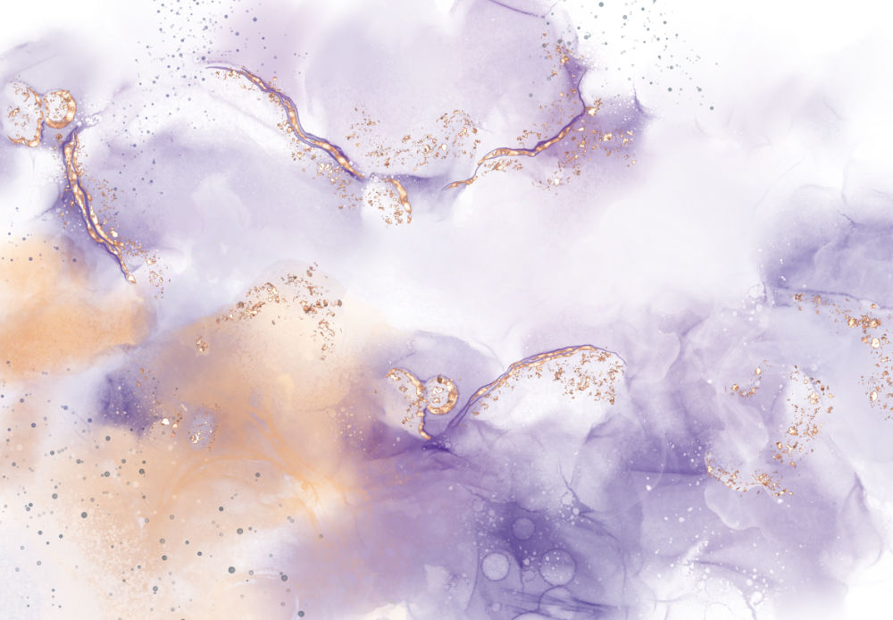 A mist of alcohol inks done in purple, pink, and gold, with gold flakes.