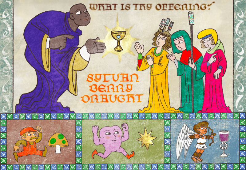 A medieval style illustration of Shaq discussing his idea for a blueberry cream soda with AriZona Iced Tea officials. They asked him, 'What is thy offering?' To which he replies, 'Sylvan berry draught.' They're all dressed in medieval robes, with one official wearing a crown of tea cans, and a bishop holding a staff topped with a tea can. Below this scene, there are stylized panels of Mario and a mushroom, Kirby as a blemmyae and a star, and Kid Icarus with a water of life.