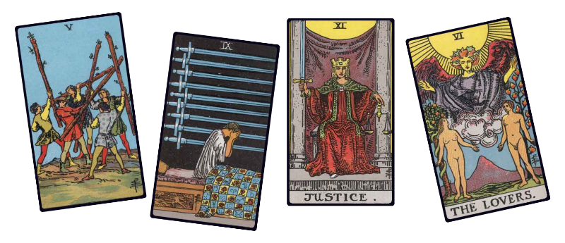 Tarot cards of the Five of Wands, Nine of Swords, Justice, and The Lovers.