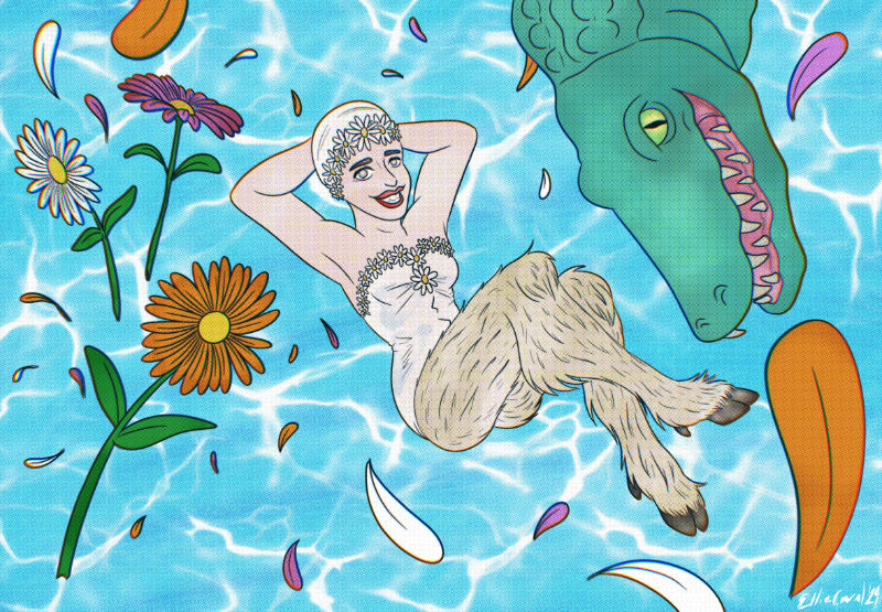 A header featuring shimmery pool background, with flowers and petals floating around a girl with goat legs and an alligator grinning at the viewer.